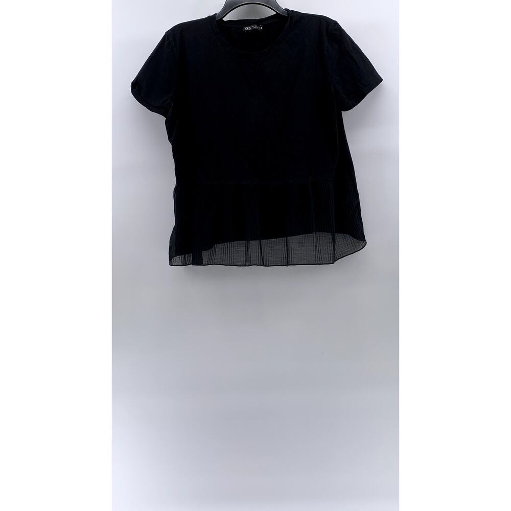 ZARA Women's Black Crewneck Pleated Sheer Hem Short Sleeve Top SZ L